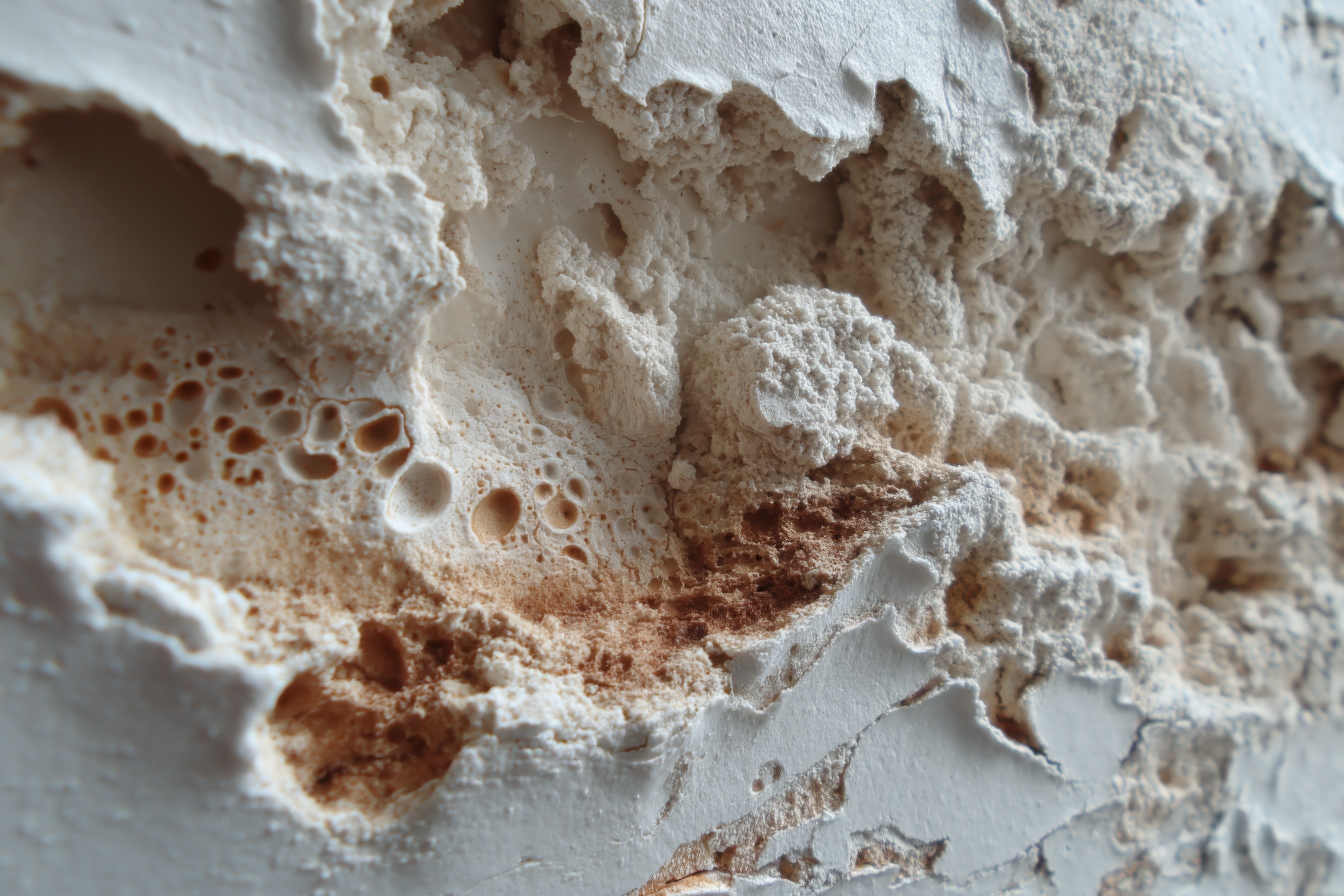 A detailed close-up reveals a stucco wall with a heavily textured surface, marked by irregular holes and cavities. The beige stucco is illuminated by soft daylight, emphasizing the rough surface. Usable as background.