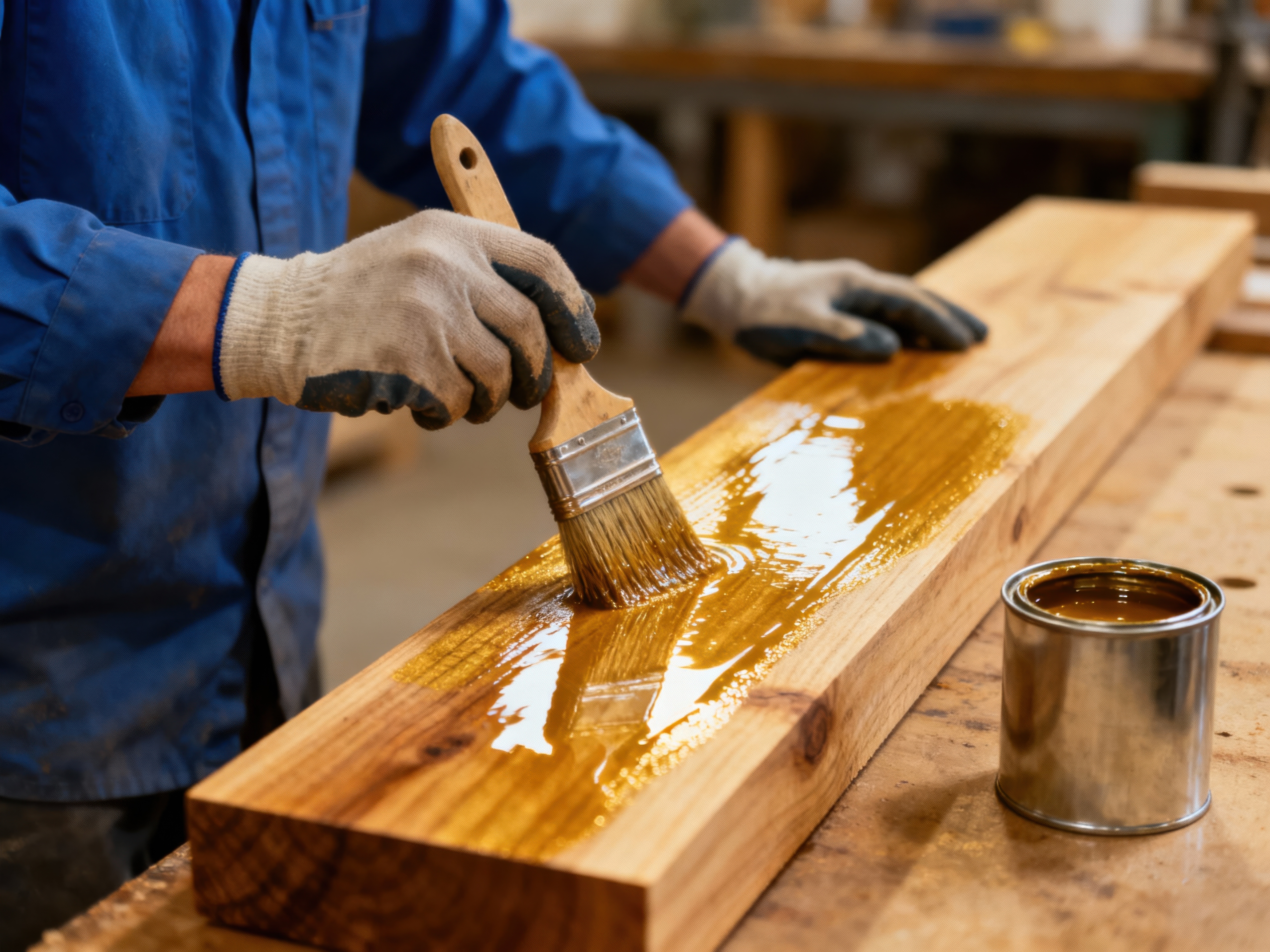 Close-up of a worker applying wood varnish or oil to a timber beam using a brush in a carpentry workshop.